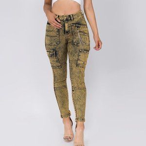 women skinny fir cargo pocket jeans with chain